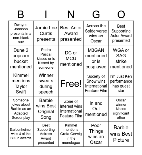 Oscars 2024 Bingo Card
