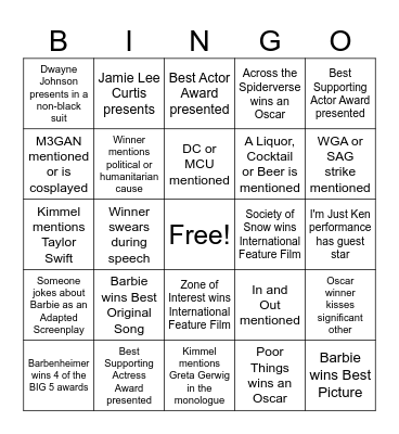 Oscars 2024 Bingo Card