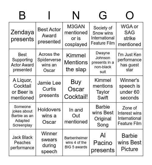 Oscars 2024 Bingo Card