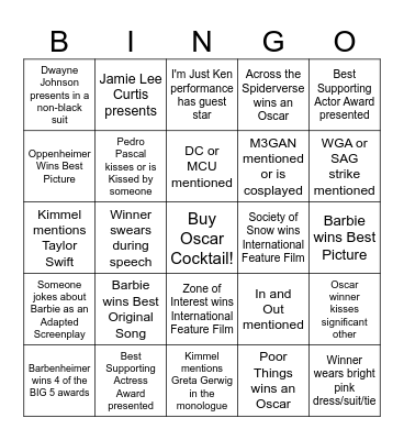 Oscars 2024 Bingo Card
