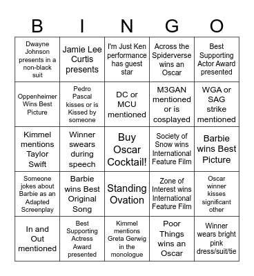 Oscars 2024 Bingo Card