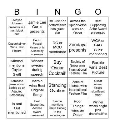 Oscars 2024 Bingo Card