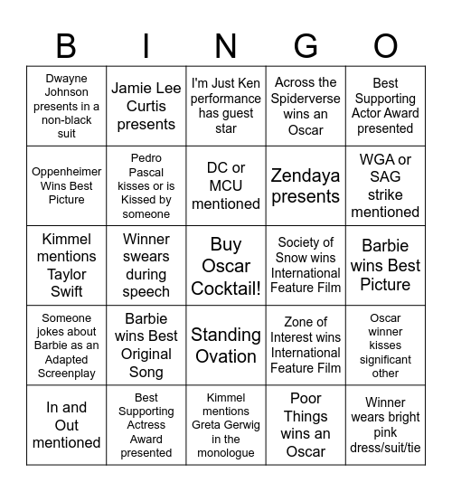 Oscars 2024 Bingo Card