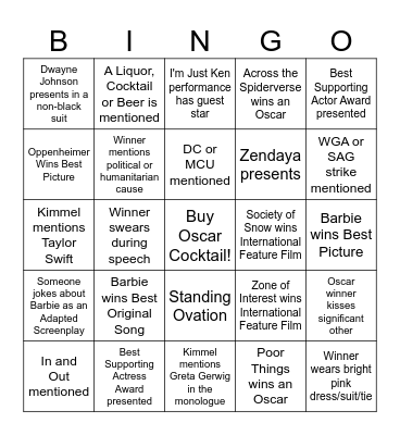 Oscars 2024 Bingo Card