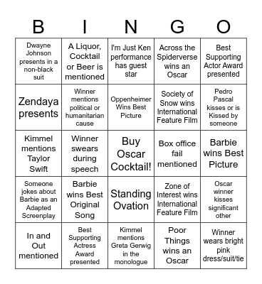 Oscars 2024 Bingo Card