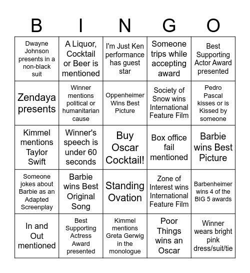 Oscars 2024 Bingo Card