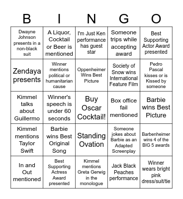 Oscars 2024 Bingo Card