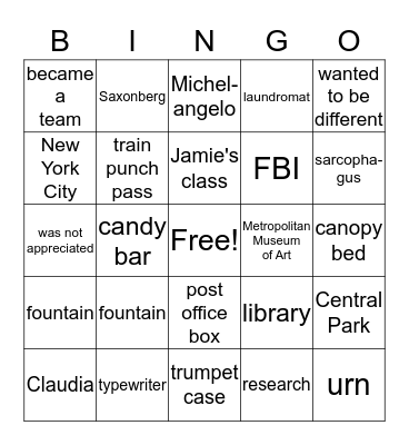From the Mixed-Up Files of Mrs. Basil E. Frankweiler Bingo Card