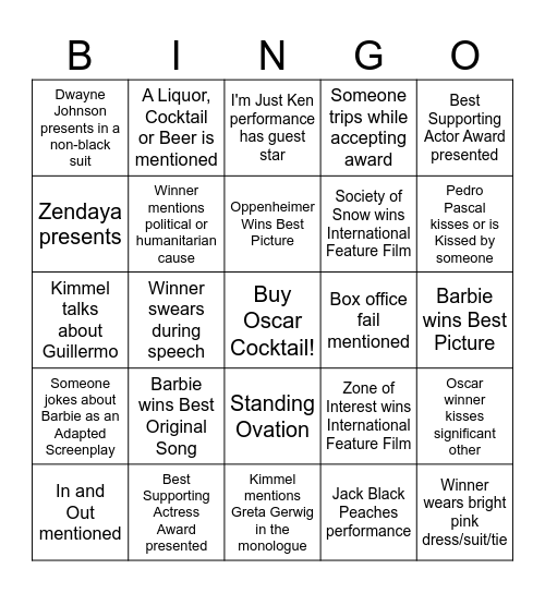 Oscars 2024 Bingo Card