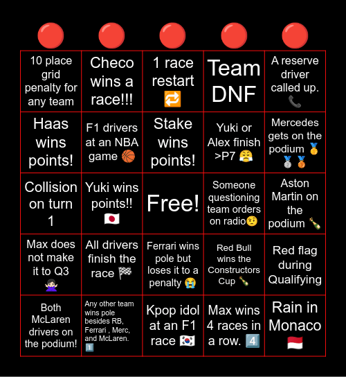 F1 Bingo 2024!!!! Bingo Card