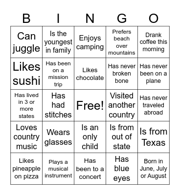 Get to Know You Bingo Card