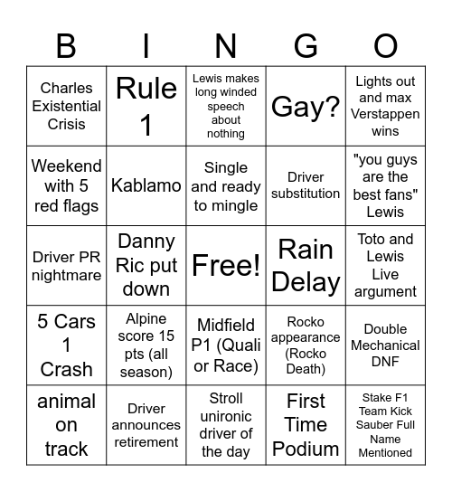 2024 F1 Bingo Card