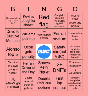 F1 Bahrain GP 2024 Bingo Card