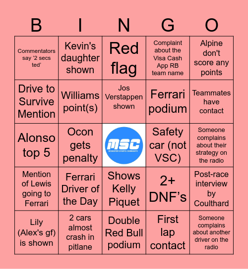 F1 Bahrain GP 2024 Bingo Card