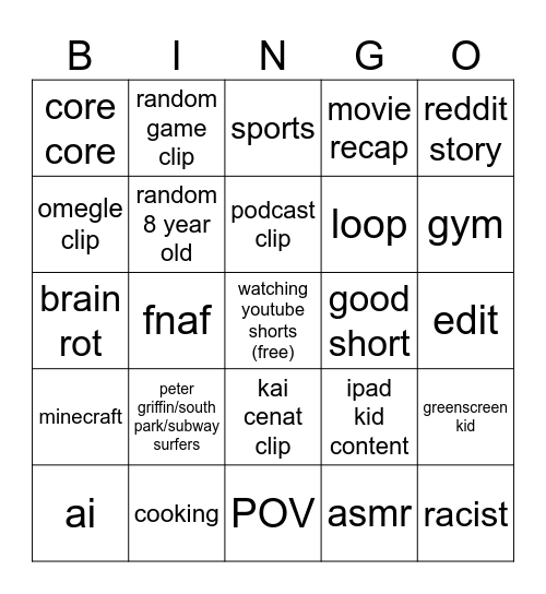 youtube shorts bingo Card