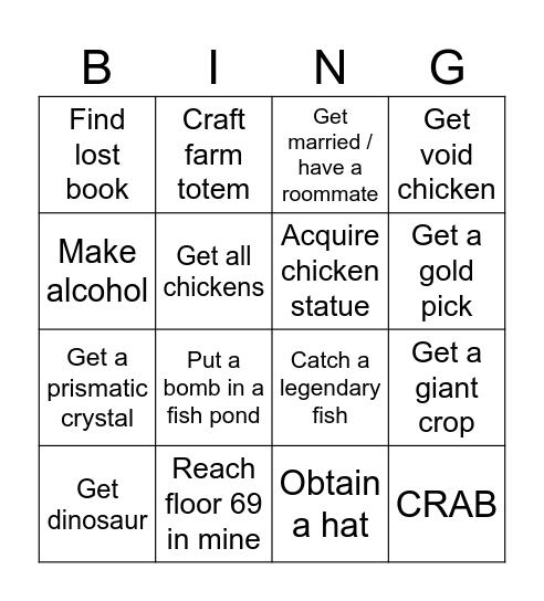 Testrun Stardew Valley Bingo Card