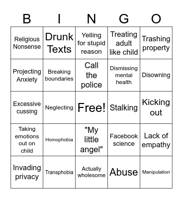 Insane Parents Bingo Card