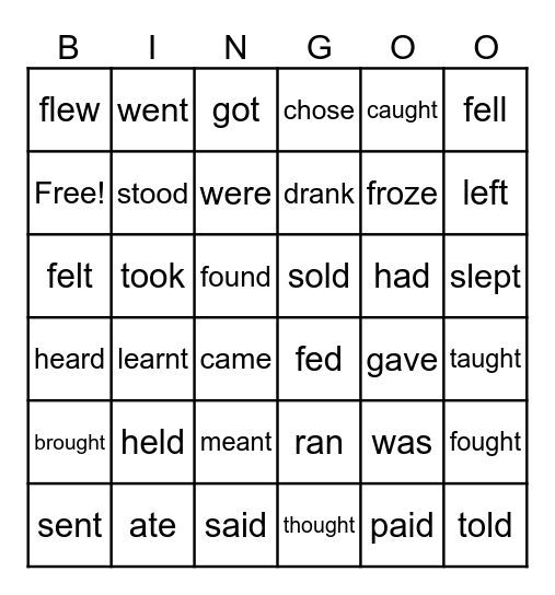 Irregular Verbs Bingo Card