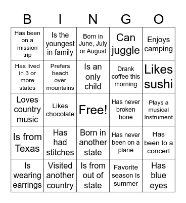 Get to Know You Bingo Card