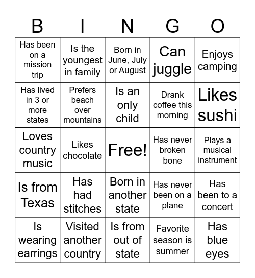 Get to Know You Bingo Card