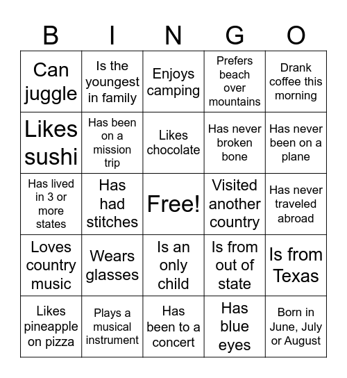 Get to Know You Bingo Card