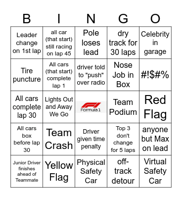 2024 Australian F1 Grand Prix Bingo Card