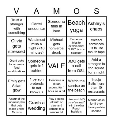 Colombia Trip Bingo Card
