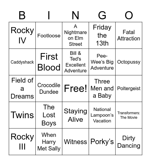 80s movies Bingo Card