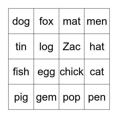 Short Vowels Bingo Card
