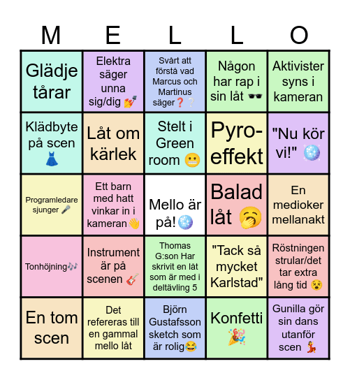 Mello Deltävlig 5 + Kvalfinal Bingo Card