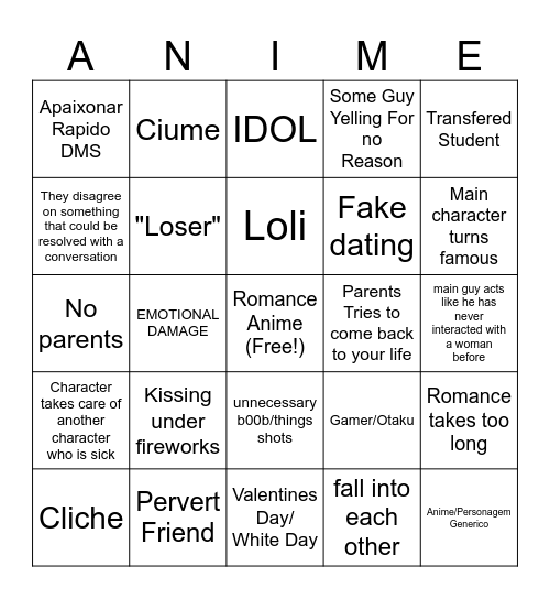 Romance Anime Bingo Card