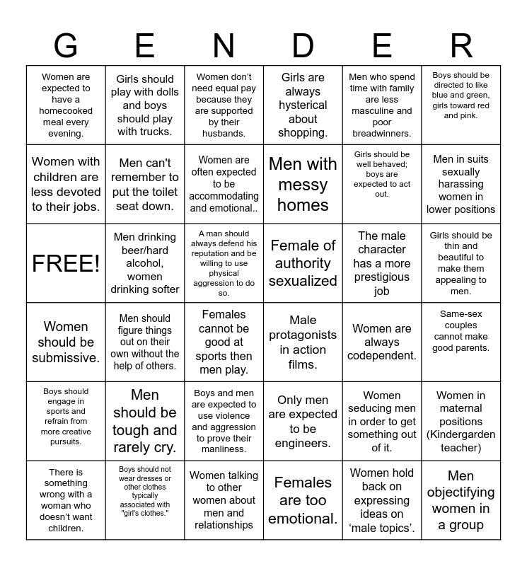Gender Stereotypes Bingo Card