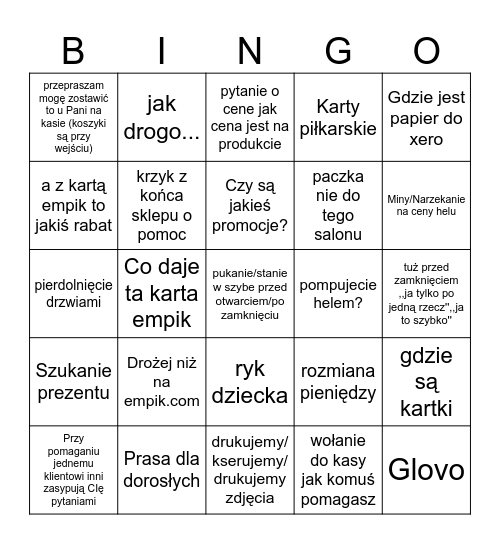 Papiernik Bingo Card