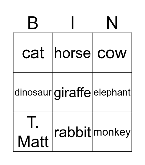 Animal Bingo Card