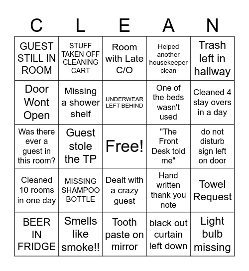 Housekeeping Bingo Card