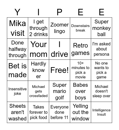 Yipee Bingo Card
