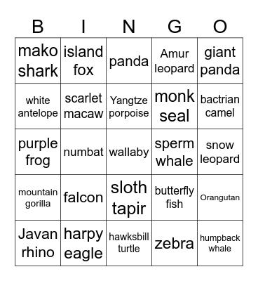 endangered animals Bingo Card