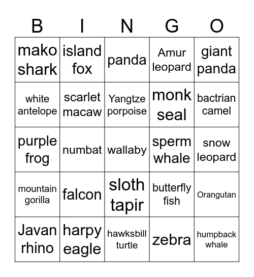 endangered animals Bingo Card