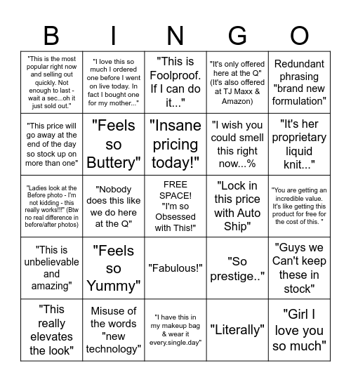 QVC HOST QUOTES Bingo Card