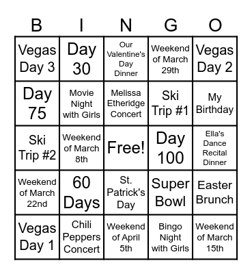 My Sober BINGO Card