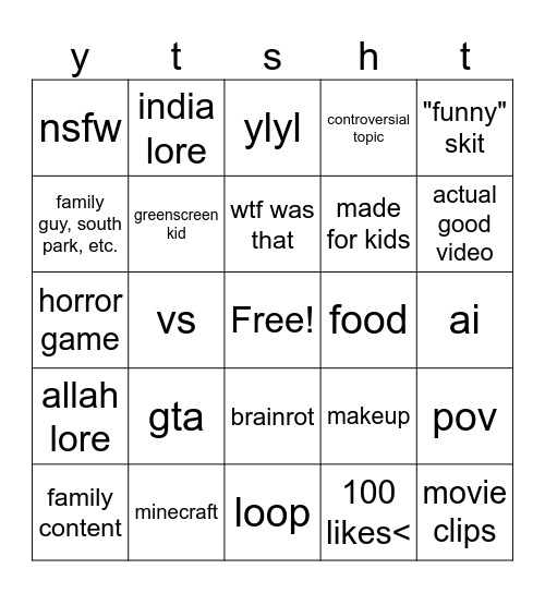 yt shorts bingo Card