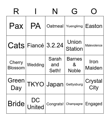 Sarah and Seth get engaged! Bingo Card