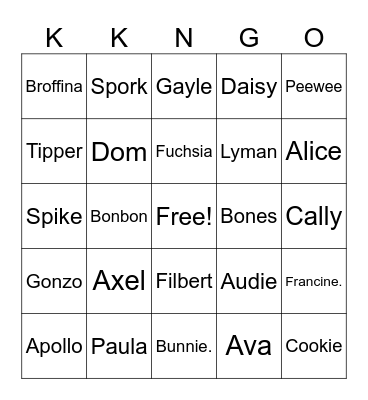 Animal Crossing Villager Bingo Card