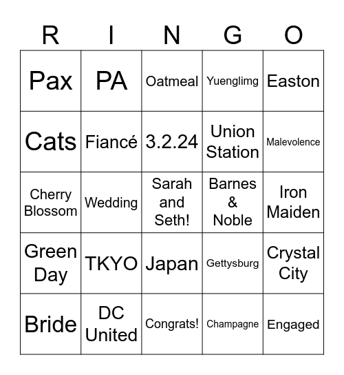 Sarah and Seth get engaged! Bingo Card