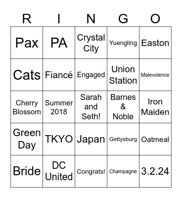 Sarah and Seth get engaged! Bingo Card