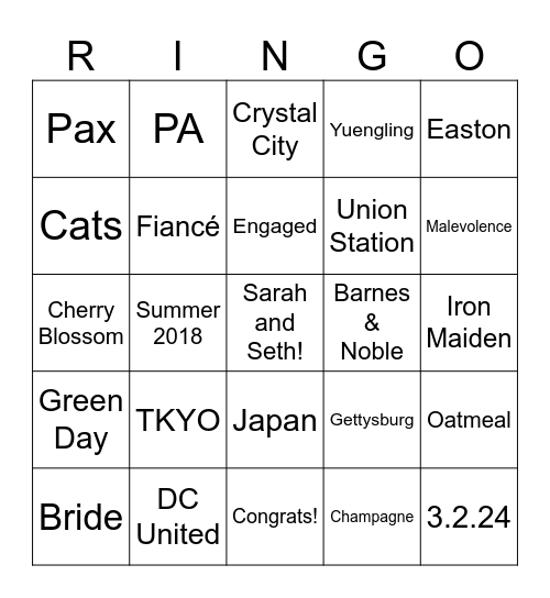 Sarah and Seth get engaged! Bingo Card
