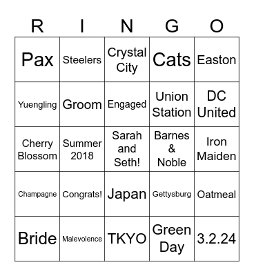 Sarah and Seth get engaged! Bingo Card