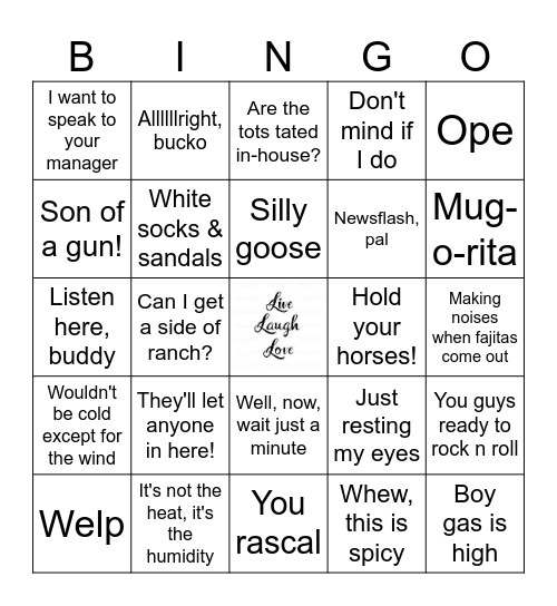 Middle Class Fancy Bingo Card