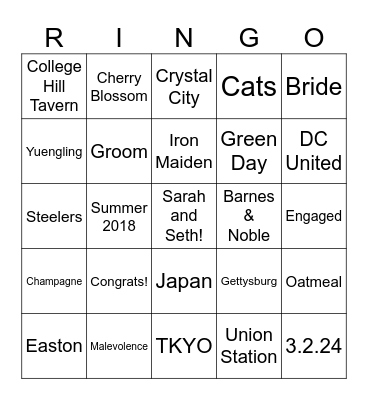 Sarah and Seth get engaged! Bingo Card
