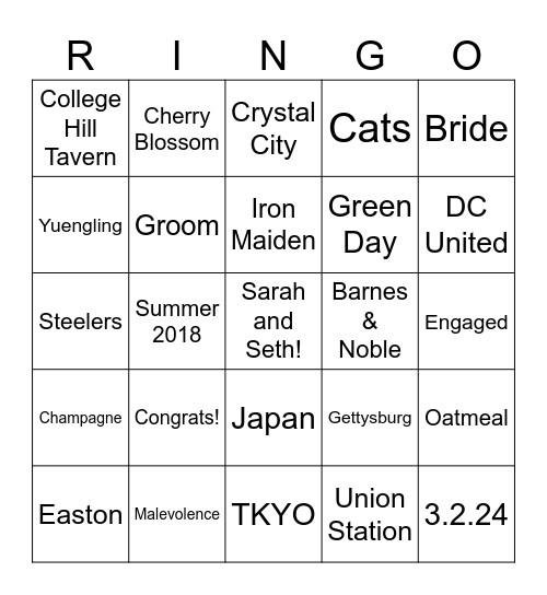 Sarah and Seth get engaged! Bingo Card
